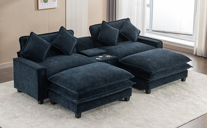 112.6" Sectional Sofa Chenille Upholstered Sofa with Two Removable Ottoman, Two USB Ports, Two Cup Holders and Large Storage Box for Living Room, Blue