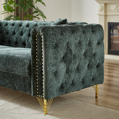 Chenille Pull Buckle Design Sofa for Living Room,Buttons Tufted With Copper Nail Decoration Armrest, Modern Couch Upholstered Button And Metal Legs