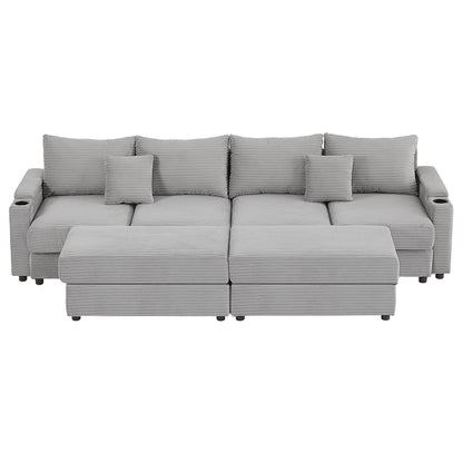 123.2" Modern Style 4-seater Sofa Sectional Sofa Couch with Storage Space, Two Movable Ottomans, Two USB Ports, Two Cup Holders, A Phone Holder for Living Room, Grey