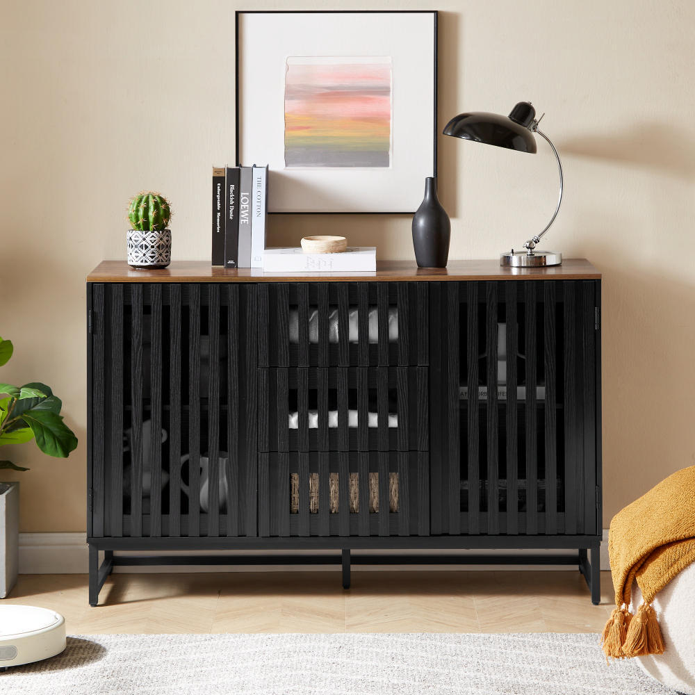 3 Drawer and 4 Shelves Dresser with Slatted Grille Striped Drawer and doors, Modern Style Dresser, High-Quality MDF and Metal Leg