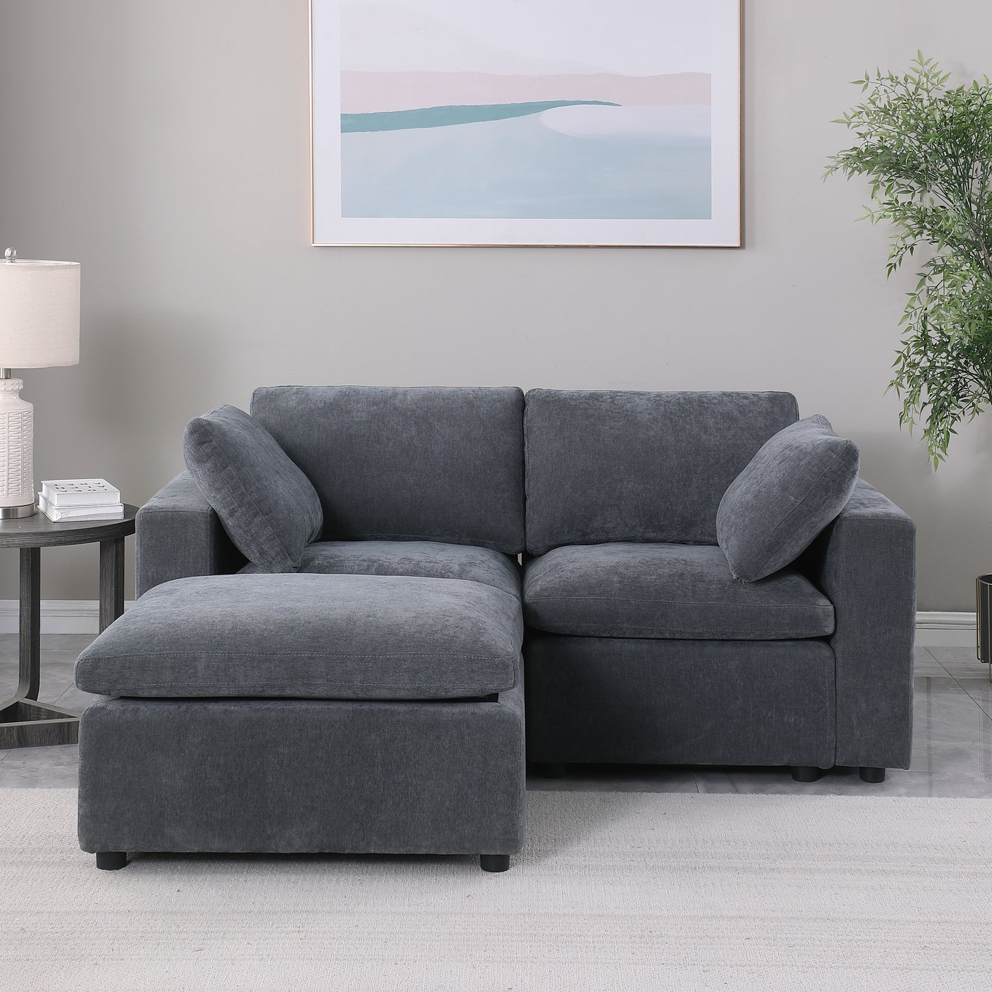 68.5" Loveseat Sofa with Ottoman Modular Sectional Love Seat Couch Small L Shaped Upholstered Couch for Living Room Apartment Small Space, Chenille Grey