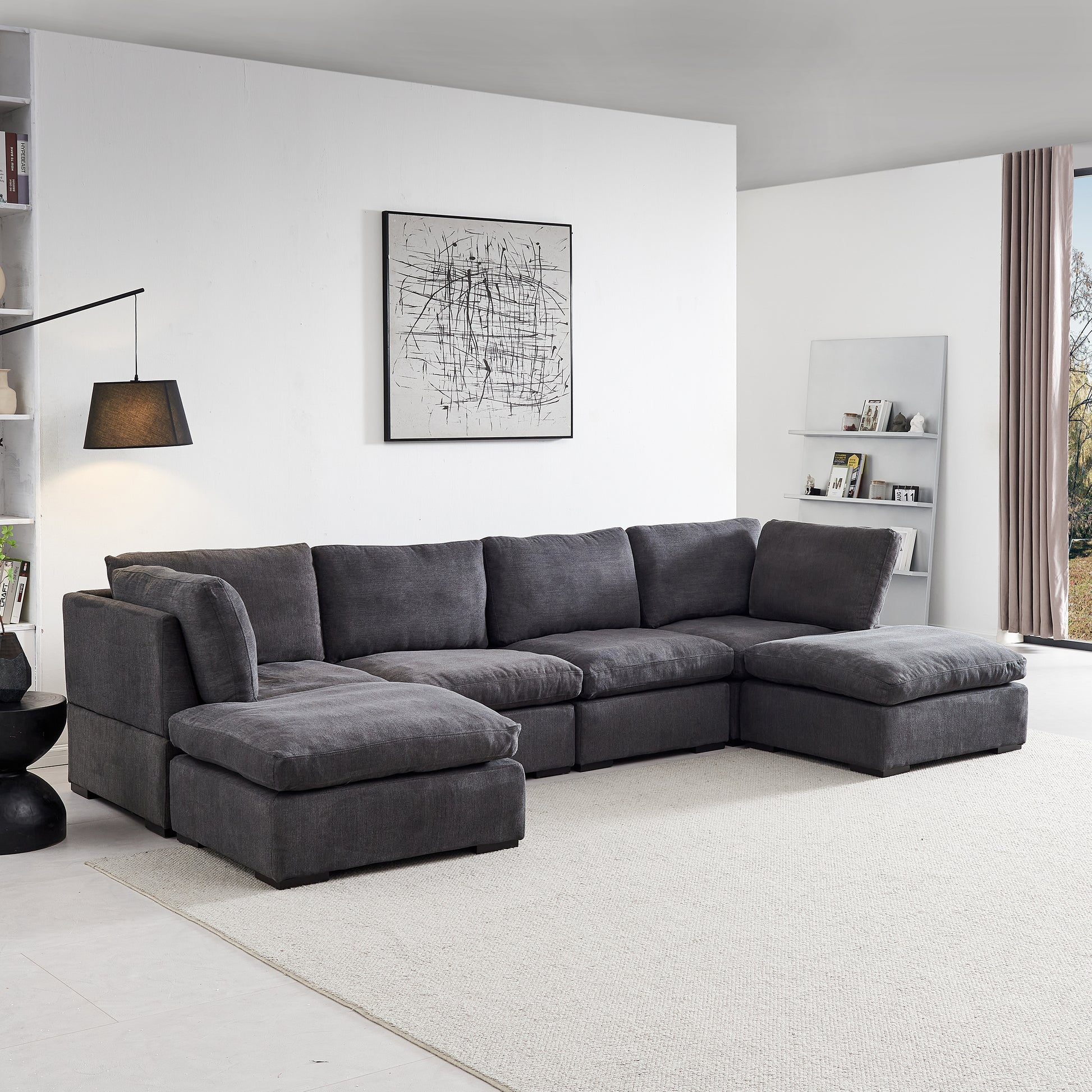 Modular Sofa with Ottoman,Filled with Down ,Soft Linen Fabric,Dark Grey