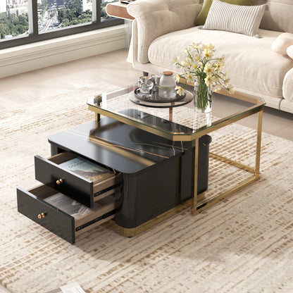 Modern 2 Pieces Black  Square Nesting  Coffee Table with Drawers & Electroplated gold legs in 27.6''