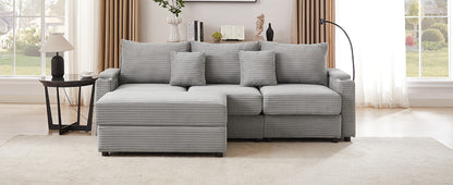 95.3" Modern Style 3-Seater Sofa Sectional Sofa Couch with Storage Space, A Movable Ottoman, Two USB Ports, Two Cup Holders, A Phone Holder for Living Room, Grey