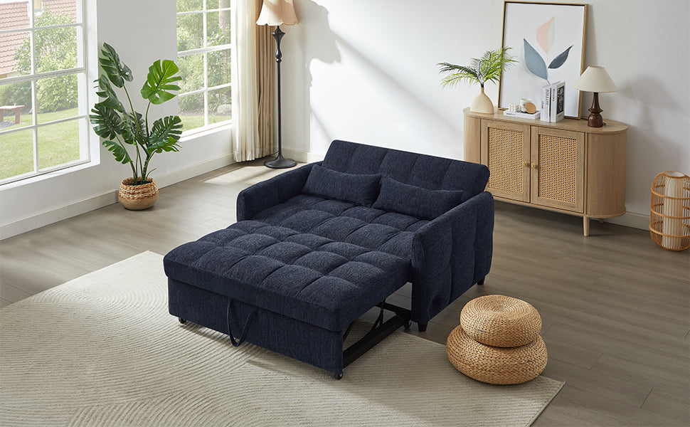 52.8" Loveseat Sofa Pull-out Sofa Bed Tufted Sleeper Sofa with an Adjustable Backrest, Three USB Ports and Two Lumbar Pillows for Living Room, Blue