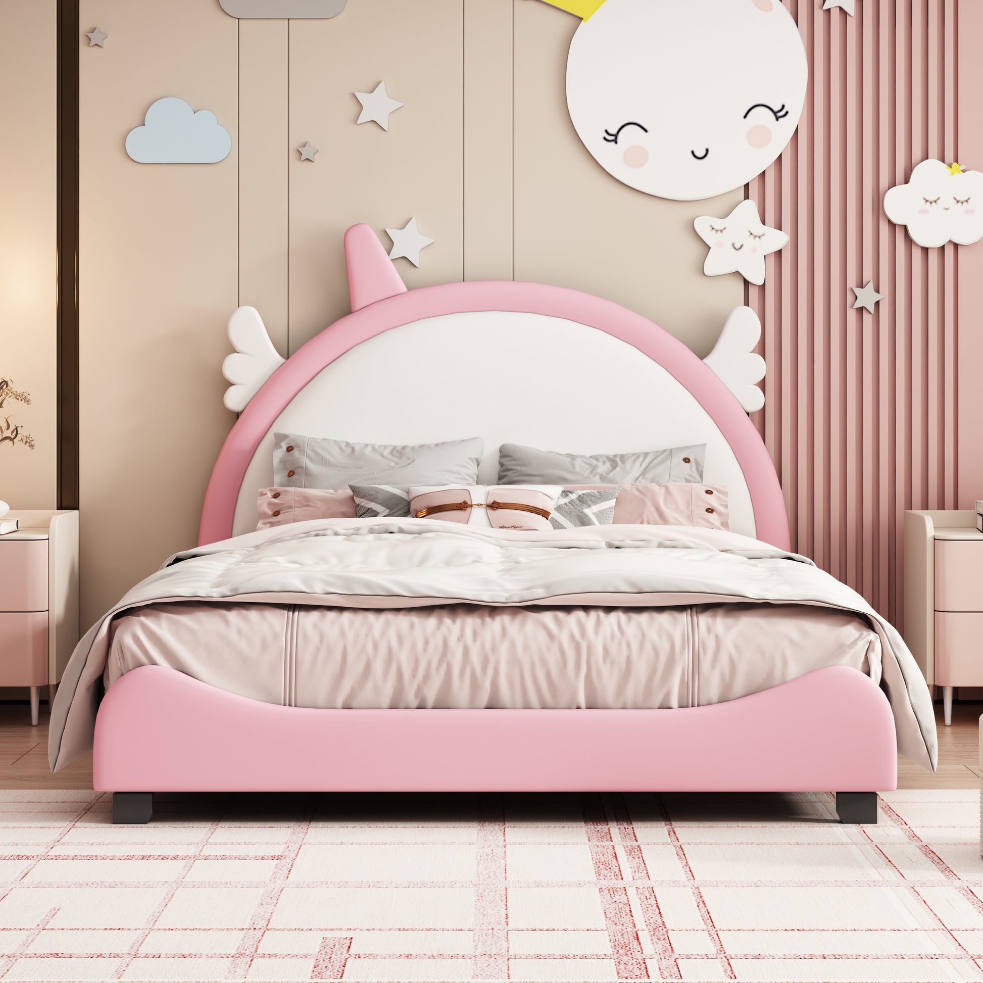 Cute Full size Upholstered Bed With Unicorn Shape Headboard,Full Size Platform Bed with Headboard and Footboard,White+Pink