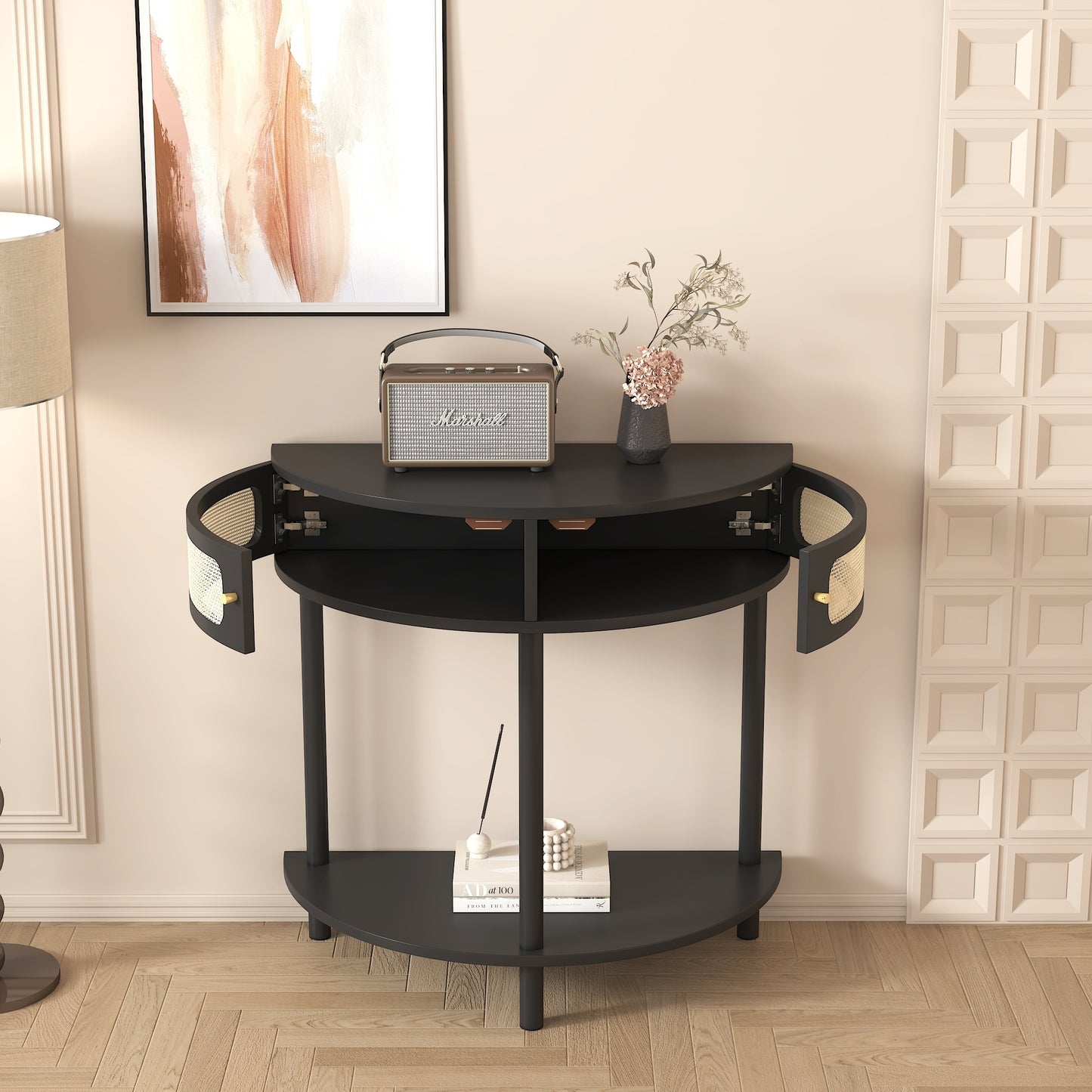 Unique Half Moon Design End Table with Rattan Door,Elegant Semicircle Sofa Side Table with 2 Rattan Storage Cabinet and Bottom Shelf for Living room, Bedroom