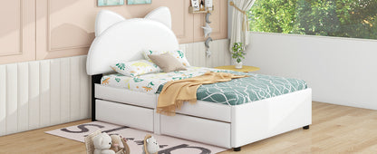 Twin Size Upholstered Platform Bed with Cartoon Ears Shaped Headboard and 2 Drawers, White