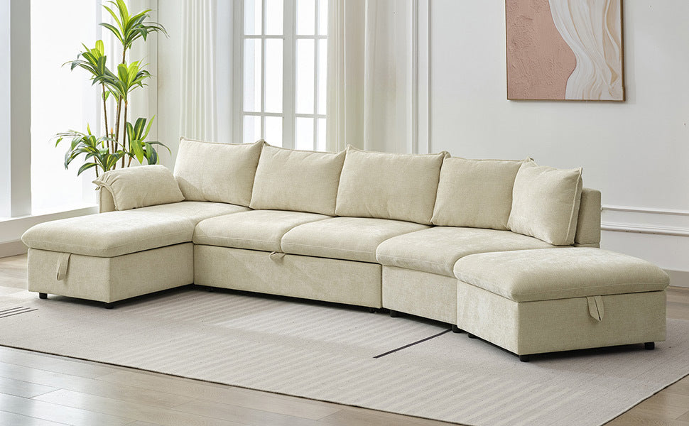 146.9" L-shaped Sofa Sectional Sofa Couch Pull-out Sofa Bed with a Movable Storage Ottoman, a Storage Chaise Lounge and Two USB Ports for Living Room, Beige