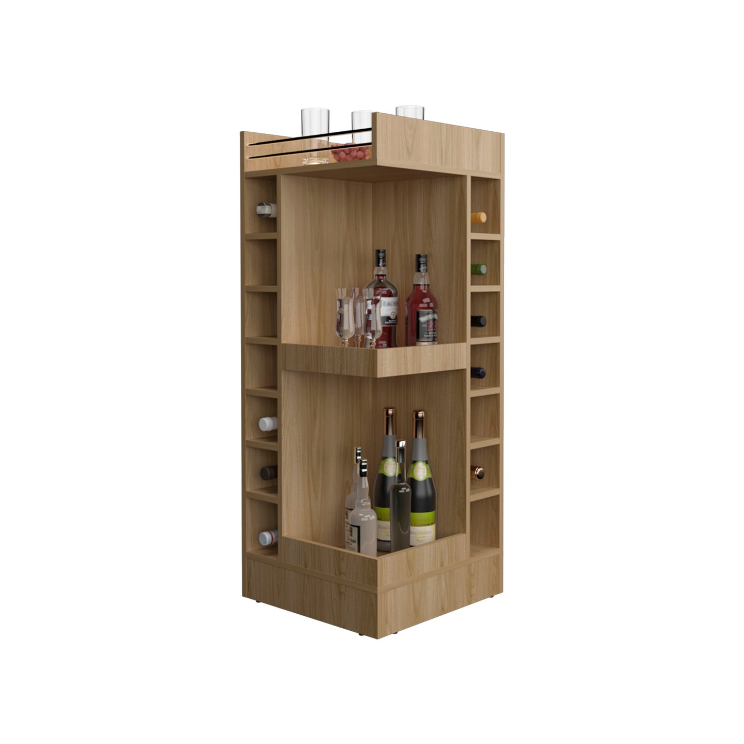 Lyman 46" Tall 3-Tier Corner Bar Cabinet with Fourteen Wine Bottle Cubbies, Living Room, Liquor Cabinet, Storage Cabinet Light Oak