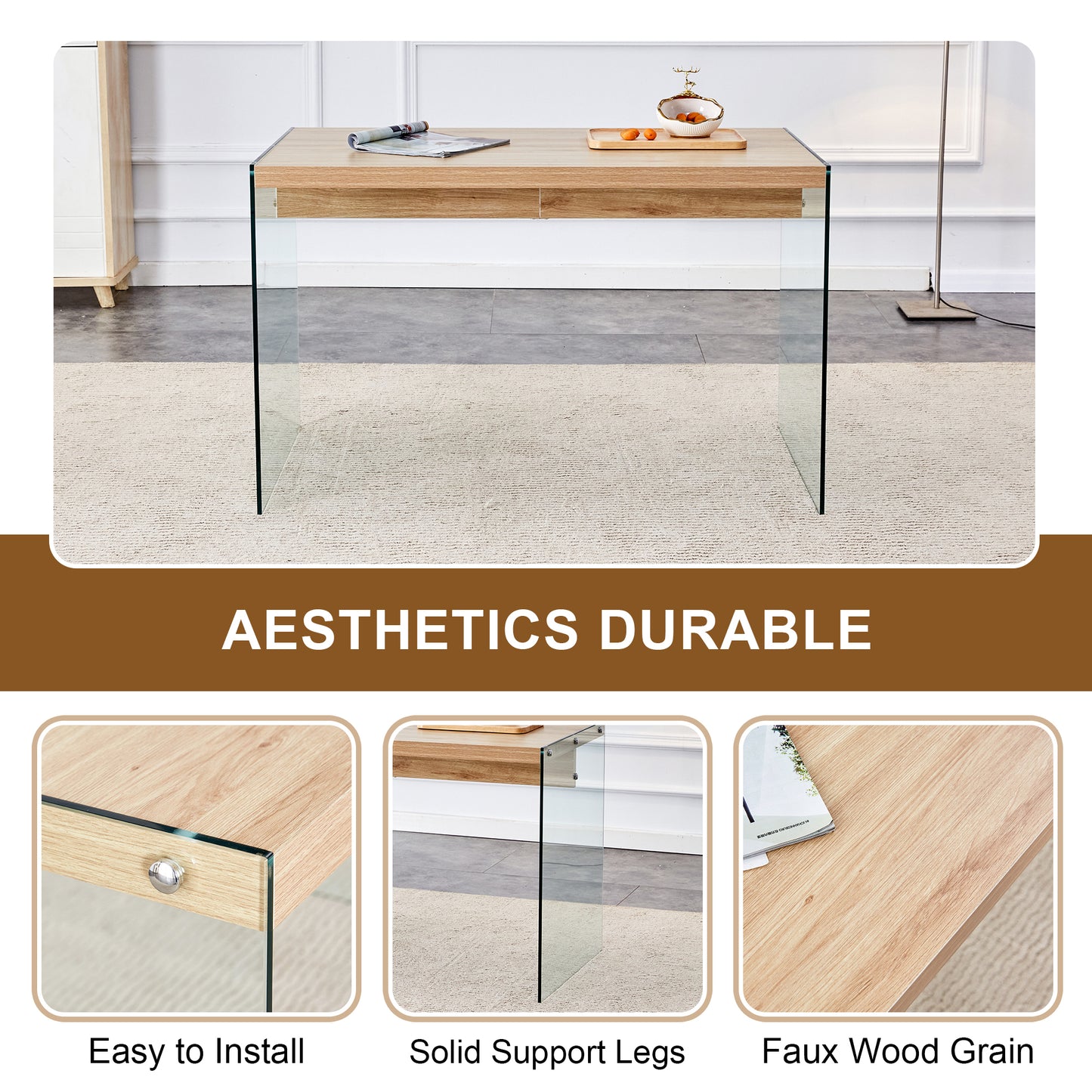 The top of the coffee table is made of medium density fiberboard and wooden stickers, with transparent tempered glass on both sides. The design is simple and elegant, with a sturdy structure.