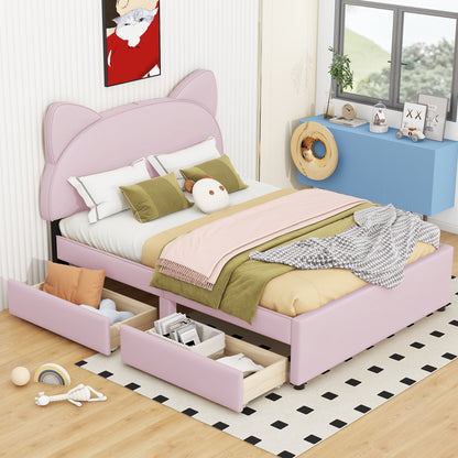 Full Size Upholstered Platform Bed with Cartoon Ears Shaped Headboard and 2 Drawers, Pink