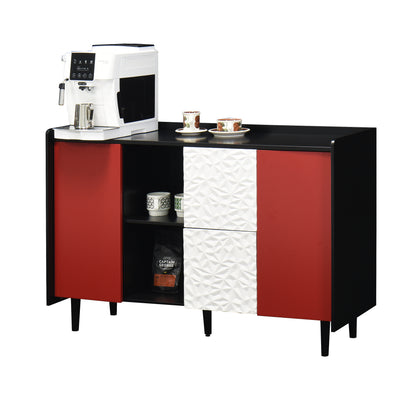 Sideboard Buffet Cabinet, Black Storage Cabinet with Red Doors , 2 Drawers with unique panel styling and 2 Open Storage Compartment, Modern Coffee Bar Cabinet Accent Cabinet for Kitchen, Dining Room,