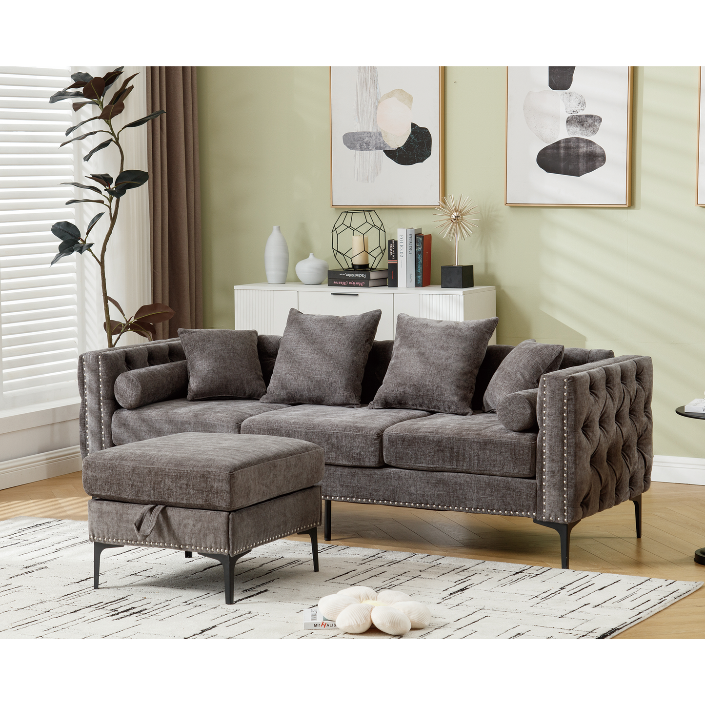 [NEW ARRIVED] [VIDEO PROVIDED]L Shaped Sectional Sofa , Convertible Storage Ottoman,Chenille ,Square Arm,  Modern Tufted Couch ,3 Seater, And Nailhead, Dark gray