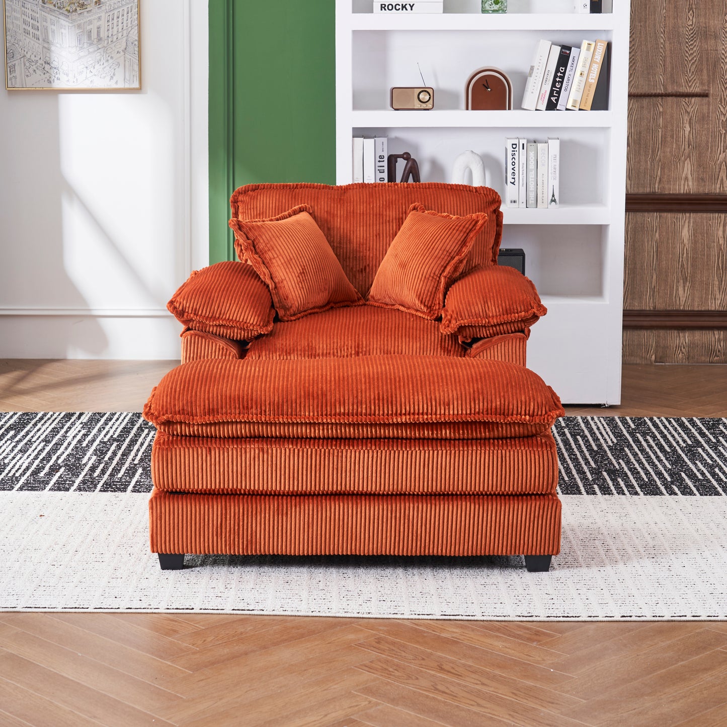 56.3 Inch Corduroy single sofa With  2 toss pillows and a ottoman ,Comfy Sofa- Deep Seat Couch for Living Room