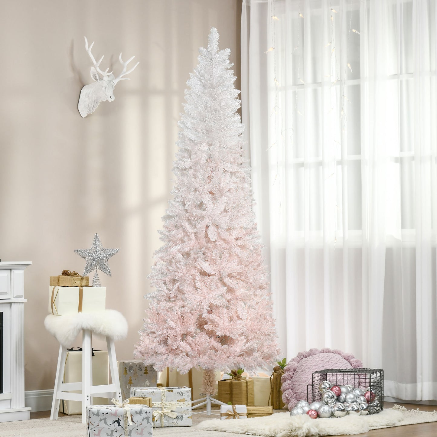 HOMCOM 7' Tall Unlit Pencil Fir Artificial Christmas Tree with Realistic Branches and Steel Base, Pink and White