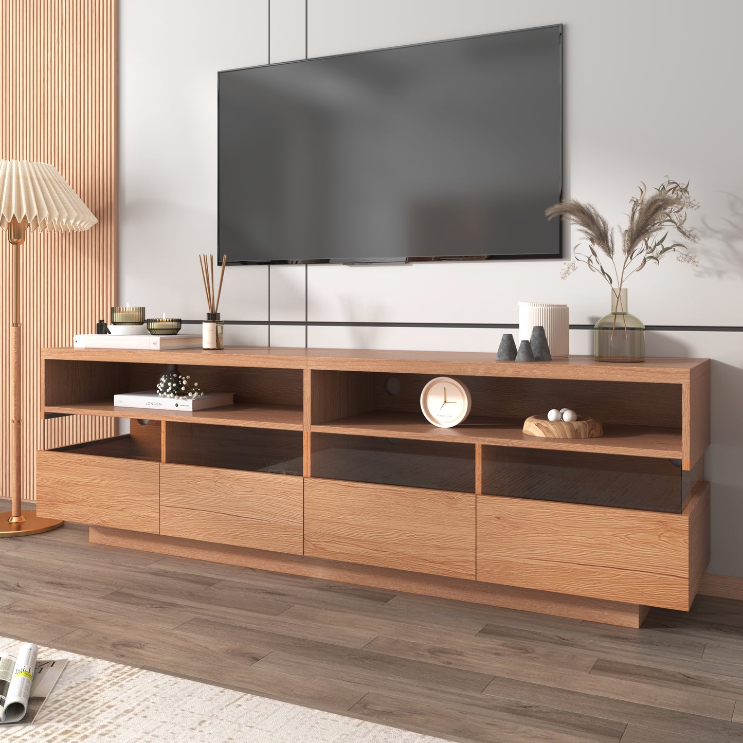 Modern TV with 4 Drawers& 2 open Cabinets, Media Console Table for TVs up to 75'', Entertainment Center with Acrylic transparent Storage Space for Living Room, Bedroom, Home Theatre