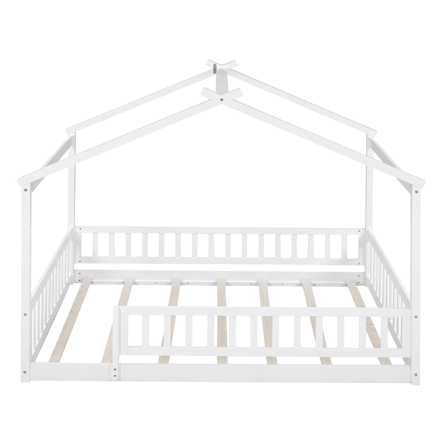 Full Size Wood Bed House Bed Frame with Fence, for Kids, Teens, Girls, Boys,White