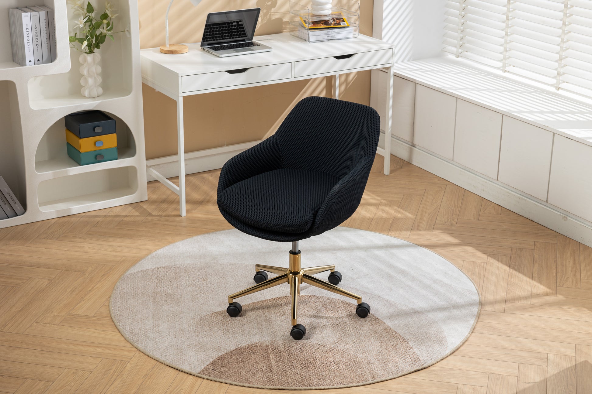 046-Mesh Fabric Home Office 360°Swivel Chair Adjustable Height With Gold Metal Base,Black