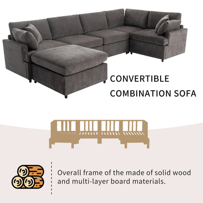 [ Video Provided]U_STYLE Upholstered Sectional Sofa with Removable Ottoman,U-Shape 6 Seat Sectional Couch,  for Living Room,,Apartment, Spacious Space