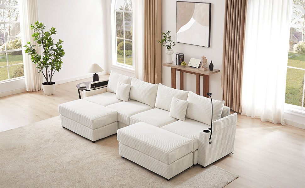 123.2" Modern Style 4-seater Sofa Sectional Sofa Couch with Storage Space, Two Movable Ottomans, Two USB Ports, Two Cup Holders, A Phone Holder for Living Room, Beige