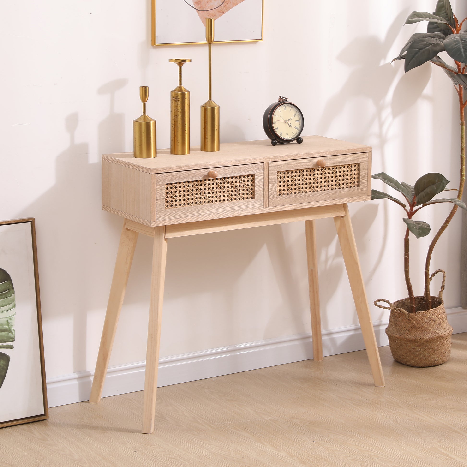 Side table with two real rattan drawers, solid wood table legs,can be used in the dining room, living room,bedroom,entrance,natural