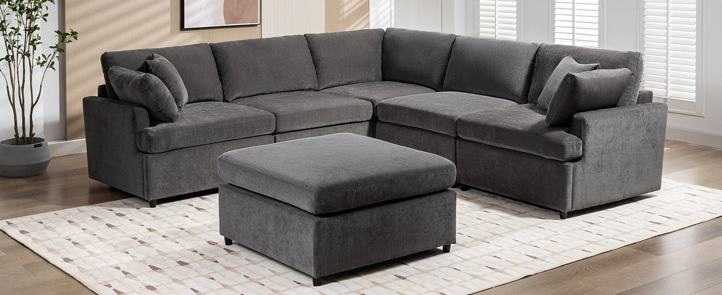 [ Video Provided]U_STYLE Upholstered Sectional Sofa with Removable Ottoman,U-Shape 6 Seat Sectional Couch,  for Living Room,,Apartment, Spacious Space