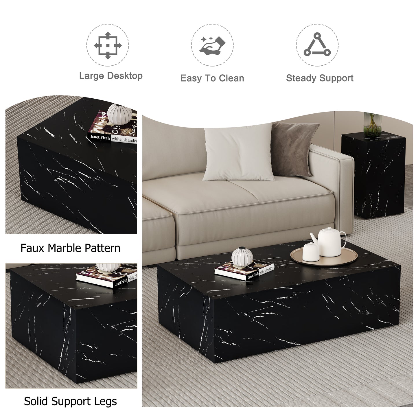 39.3*23.6*11.8 Inch Black Marble Texture MDF Coffee Table - Luxurious Design, Perfect Living Room Accent.Fashion texture design coffee table, suitable for various situations and scenes.