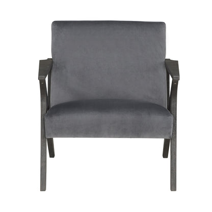 Retro Style Velvet Upholstered Gray Accent Chair 1pc Solid Rubberwood Antique Gray Finish Modern Home Furniture