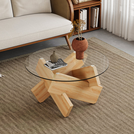 Circular glass coffee table, 33.4-inch modern and distinctive design tea table. Tempered glass countertop, wood colored MDF table legs. Suitable for living rooms and farmhouses