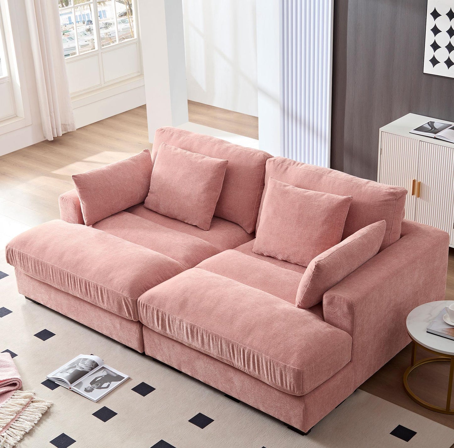 89.76 inch Double Sleeper Sofa Cloud Couch Soft Fluffy Fabric Upholstery with Square Armrests,Comfor Daybed with Over Wide Sofa Bed,Modern Beanbag for Living Room  Apartment,Pink