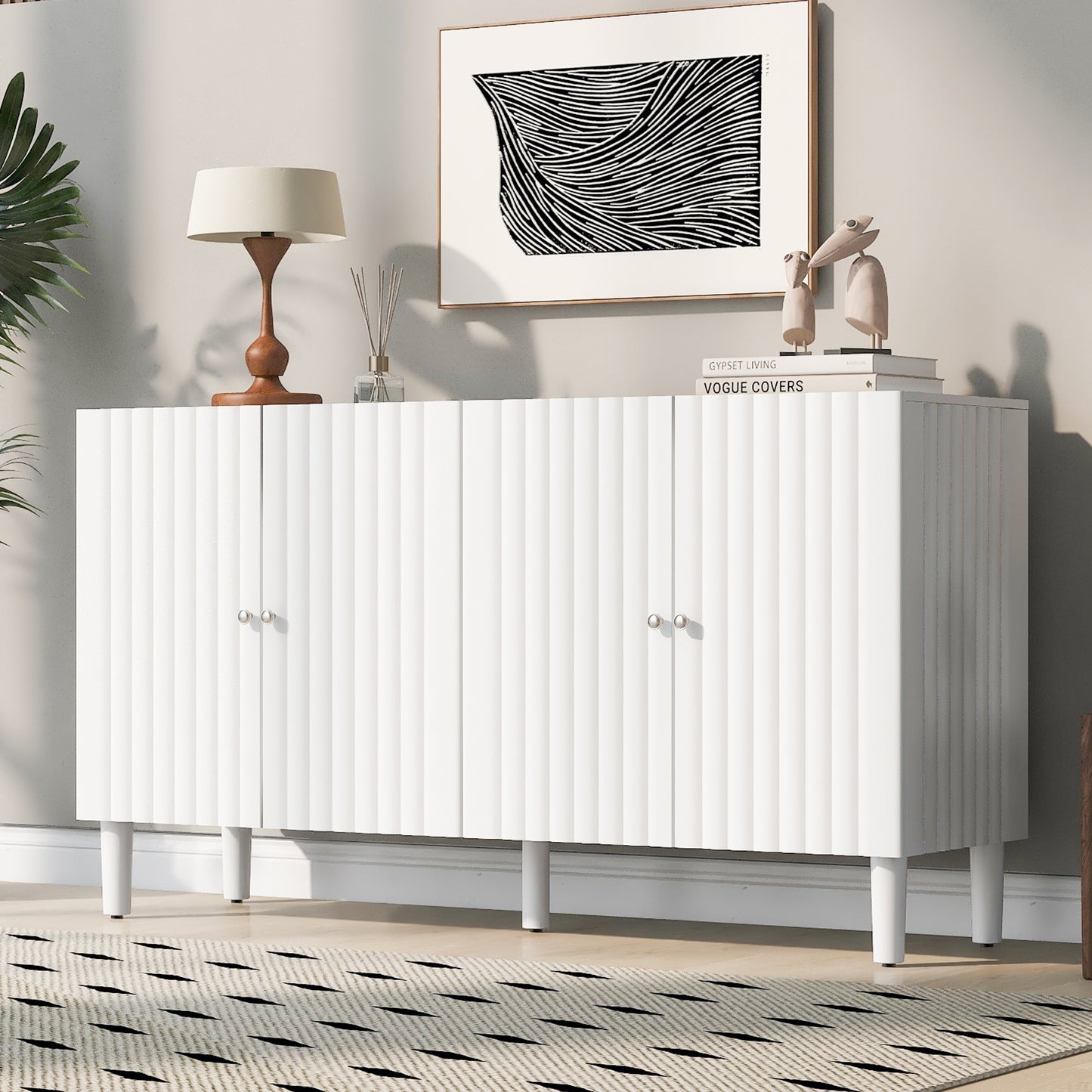 U_STYLE Elegant Four-Door Sideboard with Wavy Pattern Doors, Cylindrical Legs, and Sleek Metal Handles, Adjustable, Suitable for Study, Entryway and Living Room