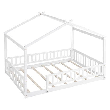 Full Size Wood Bed House Bed Frame with Fence, for Kids, Teens, Girls, Boys,White