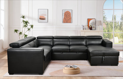 123" Modern U Shaped 7-seat Sectional Sofa Couch with Adjustable Headrest, Sofa Bed with Storage Chaise-Pull Out Couch Bed for Living Room ,Black