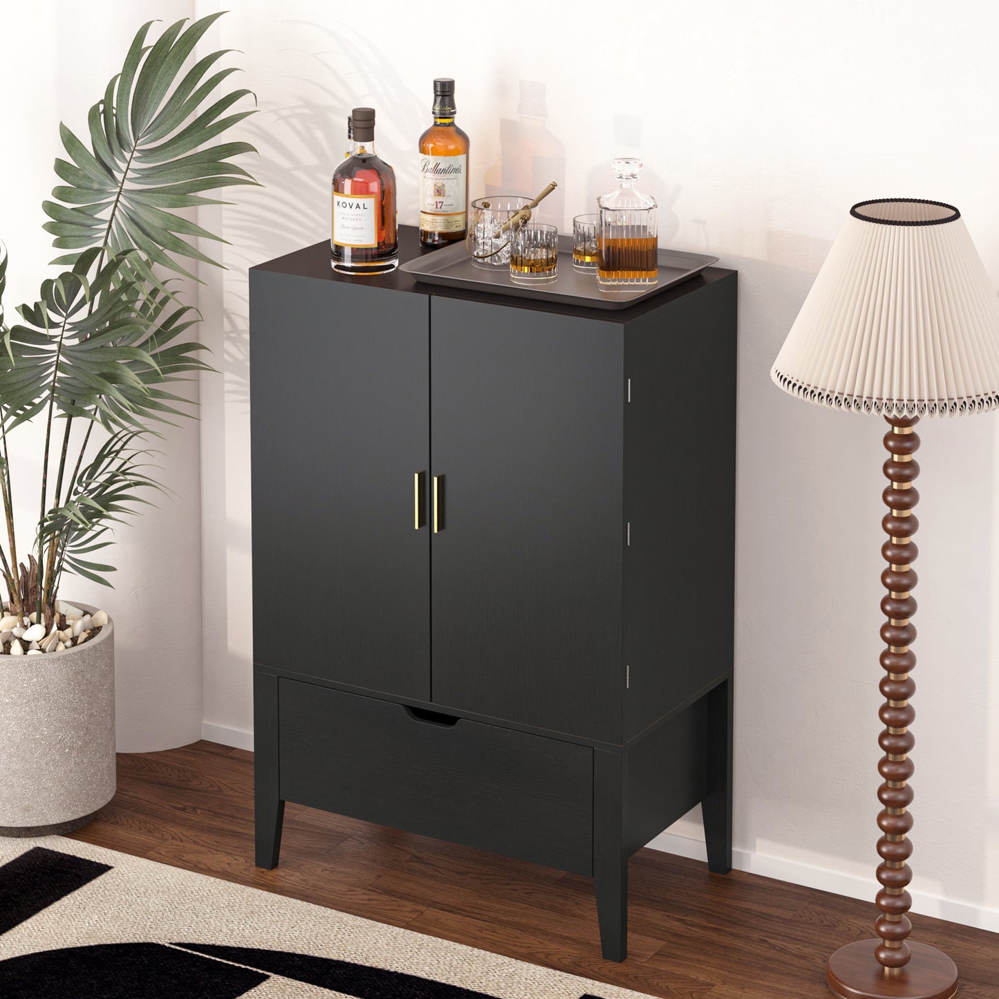 Lockers,side cabinets,Wine Bar Cabinet,Liquor Storage Credenza,Sideboard with Wine Racks & Stemware Holder,Wine glass holder,Metal handle, placed in family bars,hallways,living rooms,Color:black+Brown