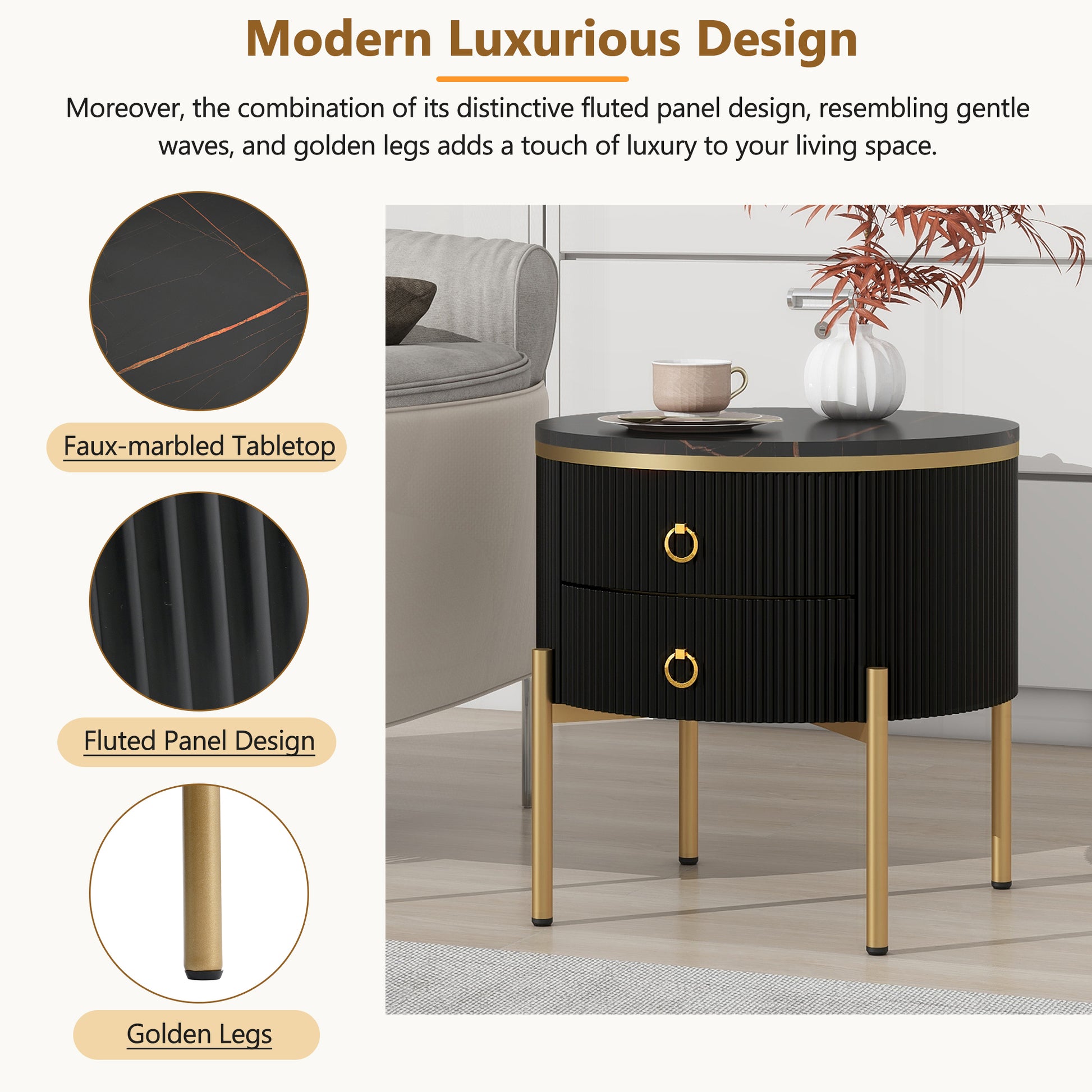 ON-TREND Φ19.6'' Easy Assembly Round End Table with Storage Drawers, Fluted Nightstand with High Gloss Faux Marble Tabletop, Modern Coffee Table with Metal Legs and Handles for Living Room, Black