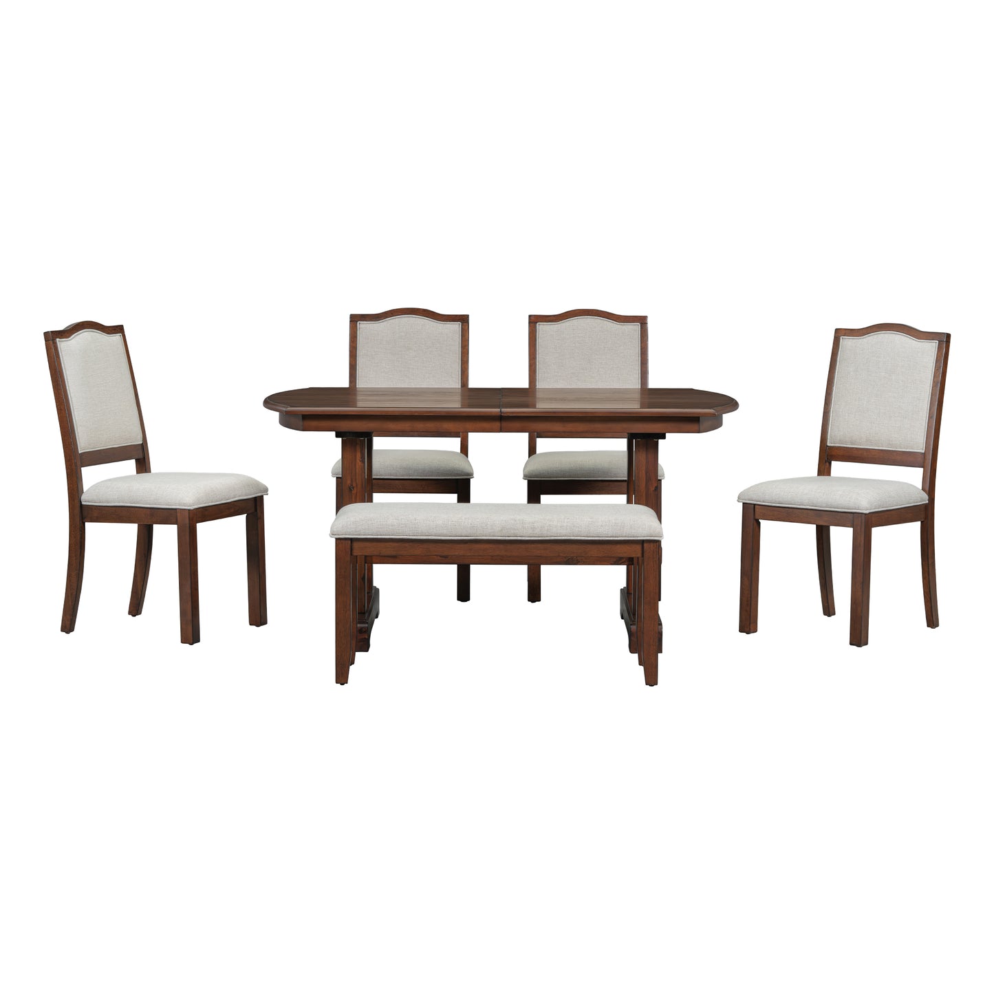 6-Piece Dining Table Set, 60inch to 78inch Extendable Wood Dining Table with Removable Leaf, Kitchen Table Set with 4 Upholstered Side Chair and Bench, Dining Table Set for 6 (Cherry)