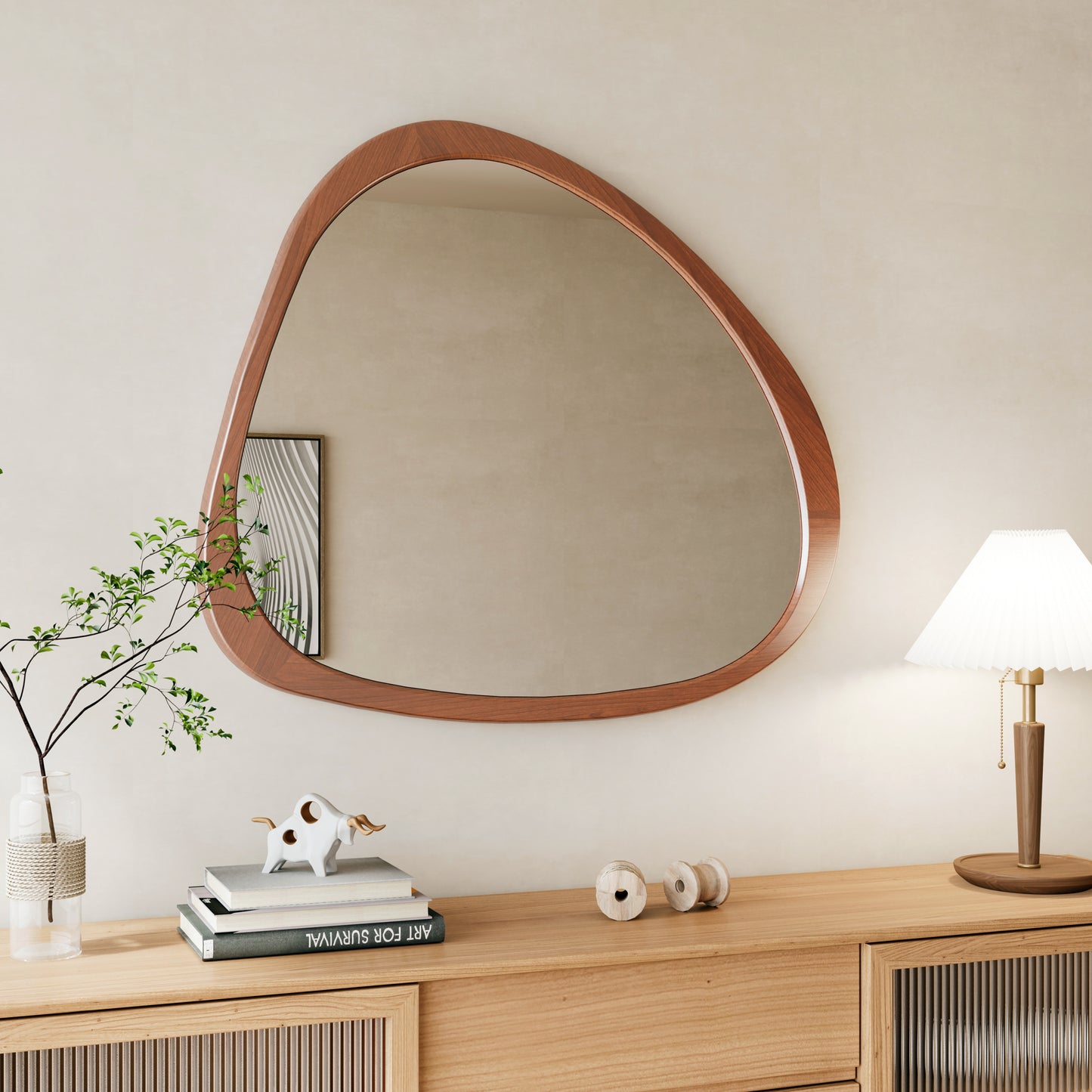 Solid Wood Mirror 45 Inch Asymmetrical Wall Mirror Wooden Framed Mirror Large Sized Dressing Mirror, for Living Room, Bedroom, Bathroom, Hallway or Entry Way