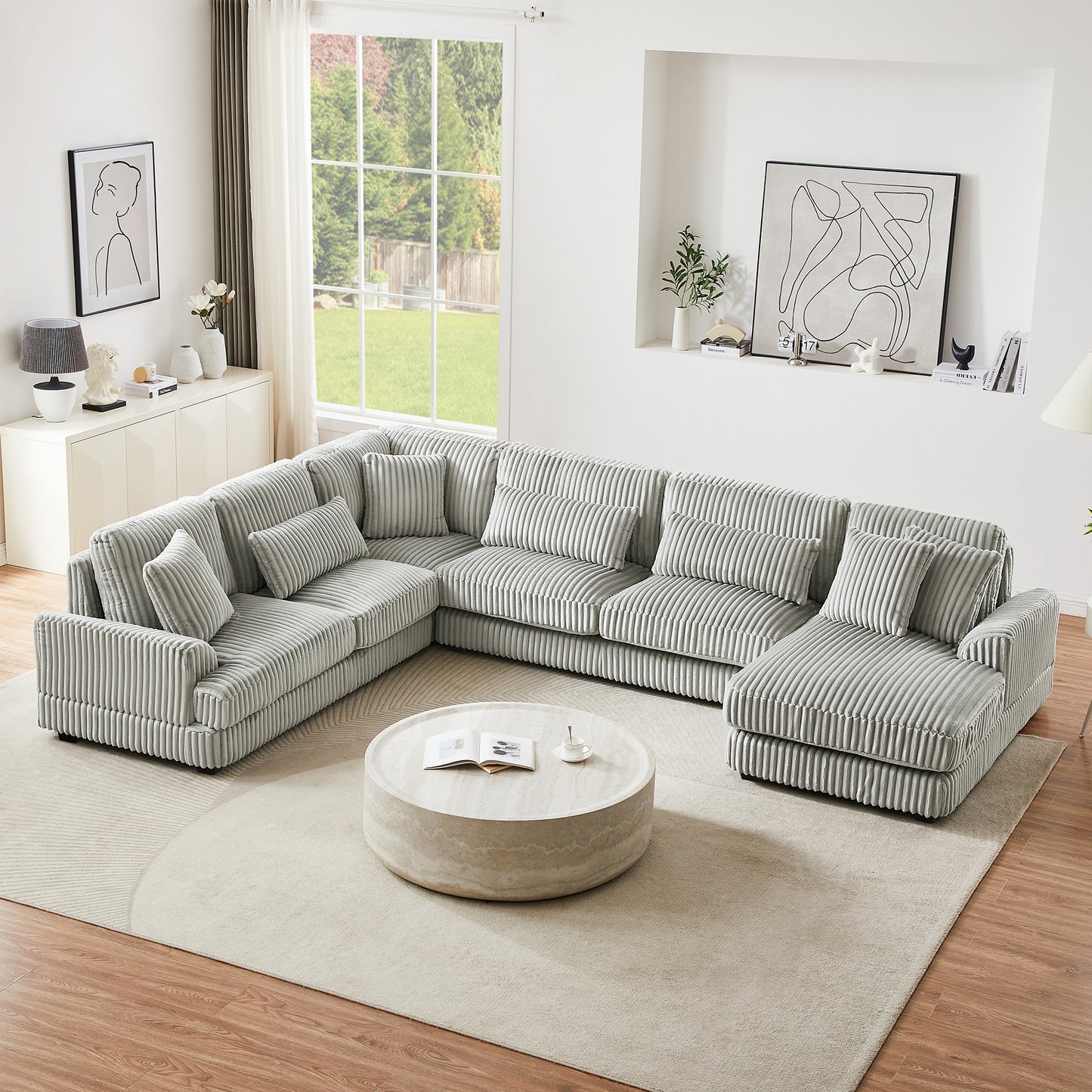 129" Oversized Sectional Sofa U-shaped Sofa Couch Modern Sofa Upholstered in Soft Corduroy with a Chaise Lounge for Living Room, Grey