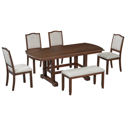 6-Piece Dining Table Set, 60inch to 78inch Extendable Wood Dining Table with Removable Leaf, Kitchen Table Set with 4 Upholstered Side Chair and Bench, Dining Table Set for 6 (Cherry)