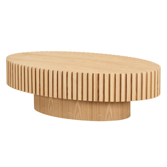 Modern Handcraft Drum Coffee Table Length 43.7 inch Ellipse Coffee Table for Living Room,Small Coffee Table with Sturdy Pedestal,Natural Ash MDF