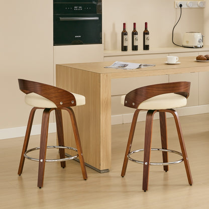 Bar Stools Set of 2, Swivel Bar Height Stools with Low Back, Wood Bar Chairs with Soft Cushion Seat, 25-Inch Seat Height (Beige, 25" Counter Height)