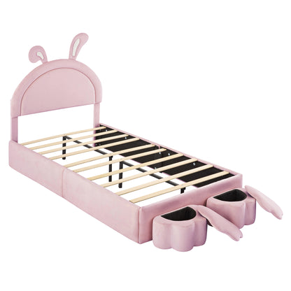 Twin size Upholstered Rabbit-Shape Bed with 2 Storage Stools, Velvet Platform Bed with Cartoon Ears Shaped Headboard, Pink