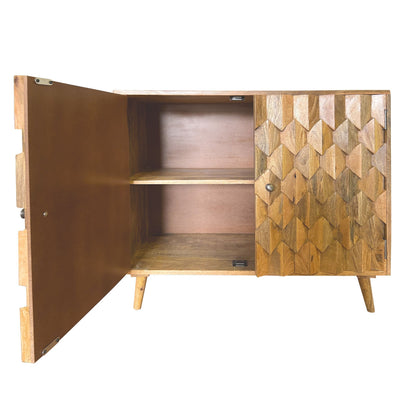 36 Inch Handcrafted Accent Cabinet, 2 Honeycomb Inlaid Doors, Mango Wood, Natural Brown