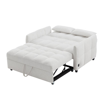 52.8" Loveseat Sofa Pull-out Sofa Bed Tufted Sleeper Sofa with an Adjustable Backrest, Three USB Ports and Two Lumbar Pillows for Living Room, Beige