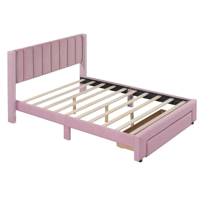 Full Size Storage Bed Velvet Upholstered Platform Bed with a Big Drawer - Pink(old sku:WF296850AAH)