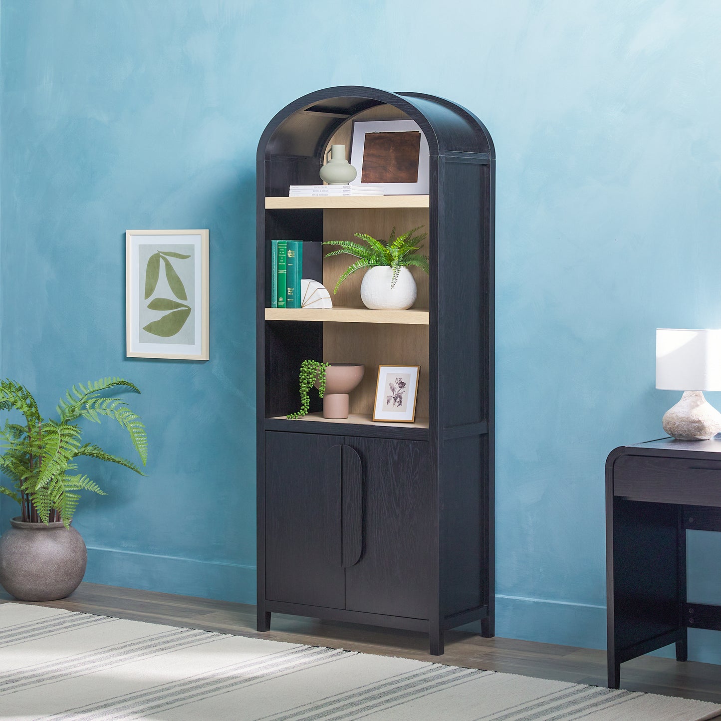 Modern 3 Shelf Open Arched Bookcase Cabinet Oak/Black