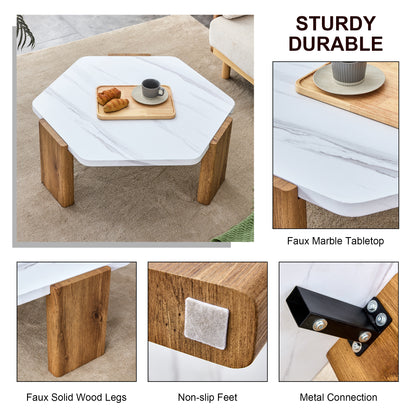 Modern practical MDF coffee table with white tabletop and wooden toned legs. Suitable for living rooms and guest rooms.