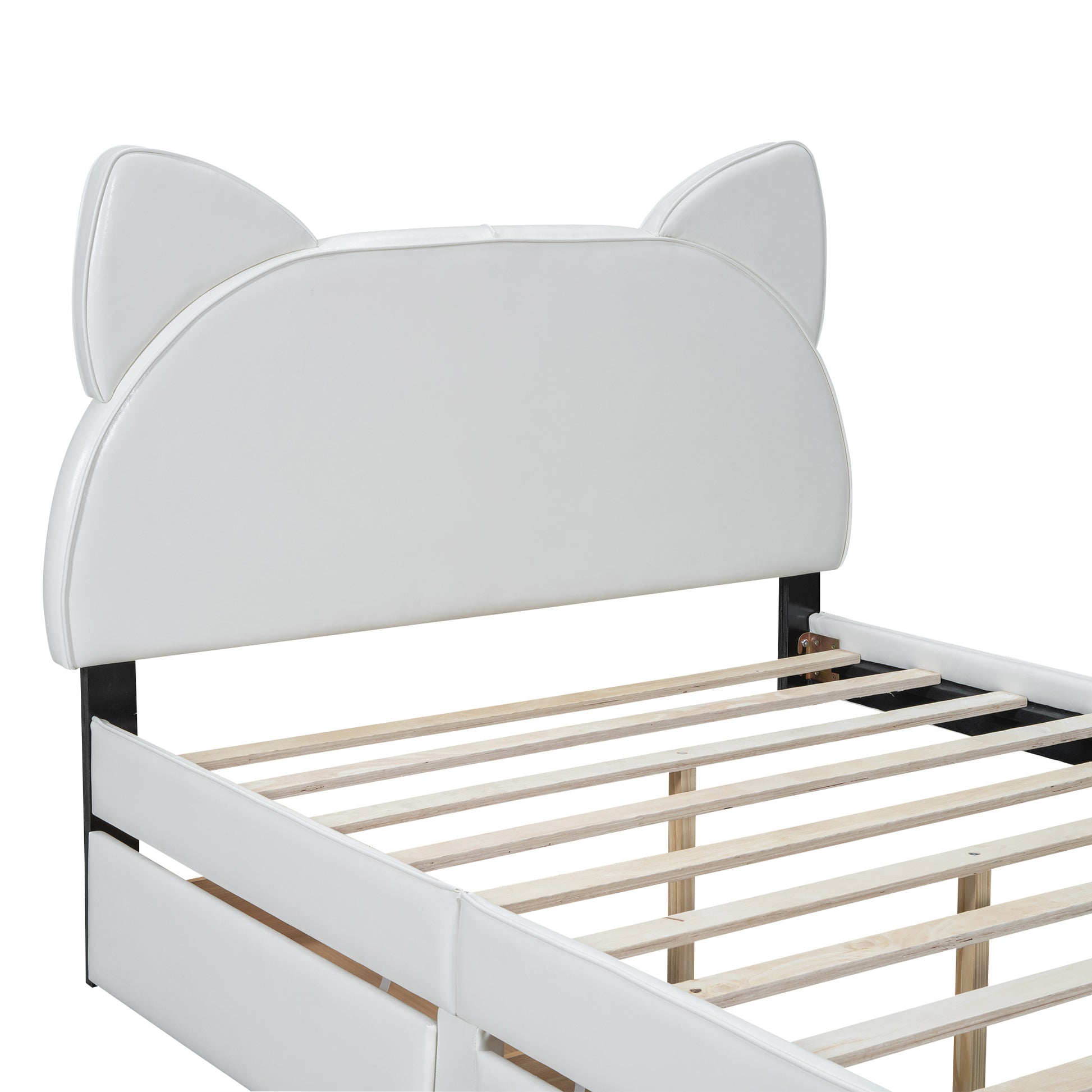 Full Size Upholstered Platform Bed with Cartoon Ears Shaped Headboard and 2 Drawers, White