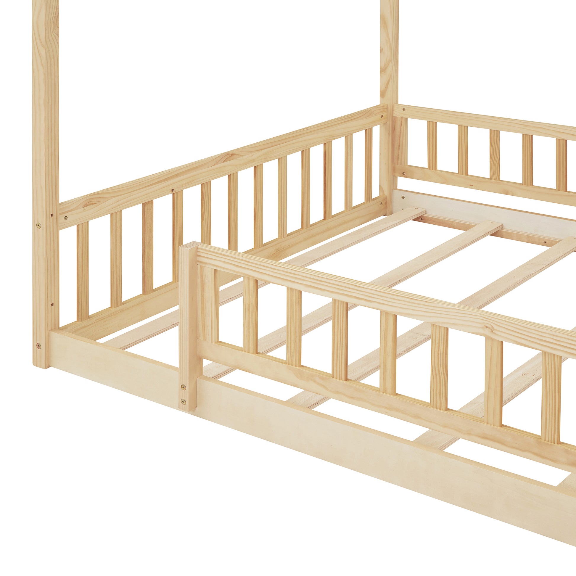 Full Size Wood Bed House Bed Frame with Fence, for Kids, Teens, Girls, Boys,Natural